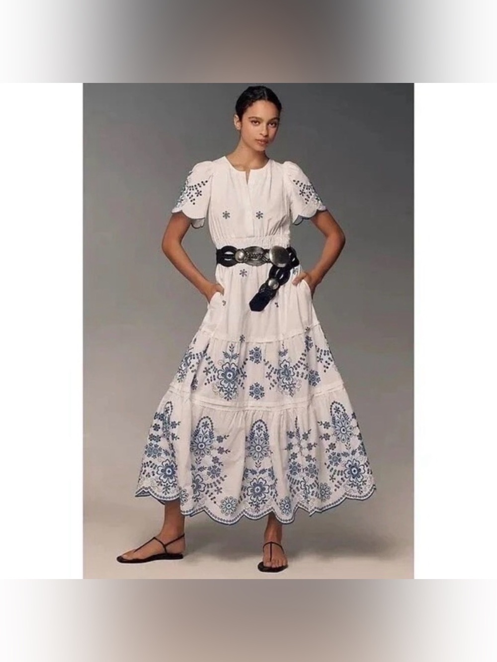 Anthropologie Somerset Embroidered Blue White Maxi Sundress Small